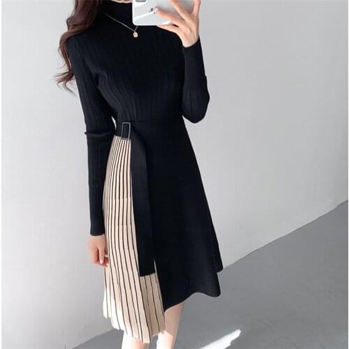 HziriP Korean Chic Black Slim Basic Patchwork Stylish 2021 High Quality Knitted Streetwear Women Pleated Long Dress Vestidos