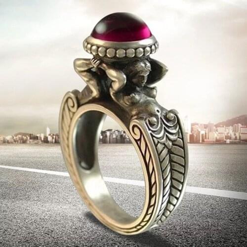 Vintage Thai Silver Women Ring Dark Ruby Gemstone Zircon Old Design Jewelry Accessories Mermaid Shape Red Stone Female Rings
