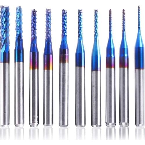 10 Pcs Nano Blue Coat End Mill CNC Router Bits PCB Milling Cutter 0.8-m 1/8 Inch Shank Engraving Bit Rotary Burrs