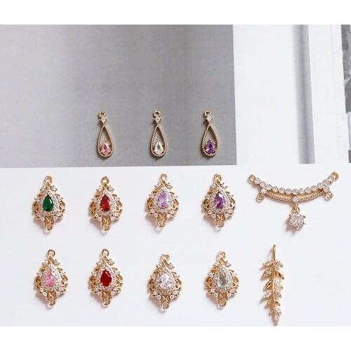 4pcs korean Vintage Copper zircon Rhinestone Earrings for Women leaf crown water drop retro pendant diy jewelry accessories