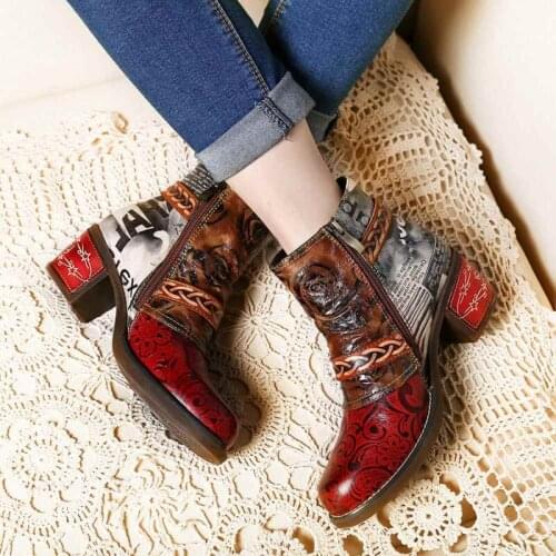 Embossed Boots Rose Genuine Leather Splicing Low Heel Ankle Boots Elegant Ladies Shoes Women Shoes Botas Mujer 2021