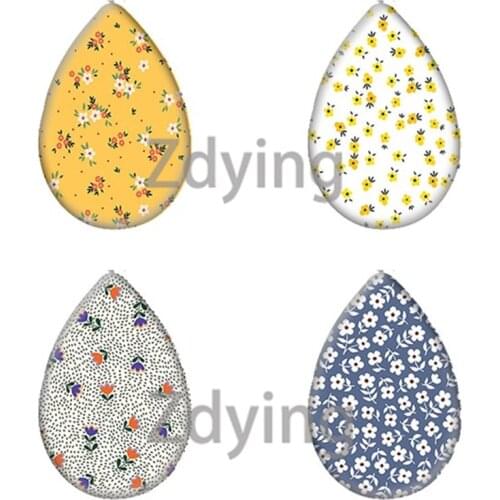 Zdying 10pcs Small Beautiful Flowers Art Pattern Teardrop Water Drop Glass Cabochon Beads DIY Demo Flat Back Making Findings