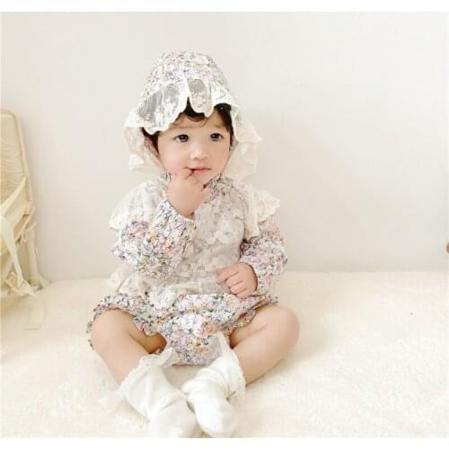 Spring Autumn New Infant Baby Girl Clothing One-piece Romper Long Sleeve Lace Floral Rompers+Hat 2 Pieces Set Girls' Clothes