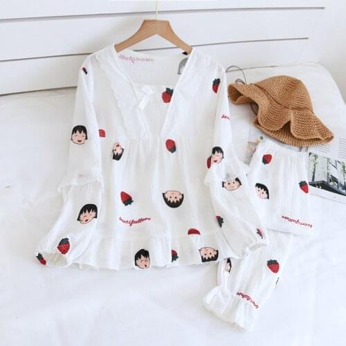 Cute Strawberry Printing Lace Women Palamas Set Cotton Summer Suits Leisure Long Sleeve Trousers Two-Piece Home Wear Nightwear