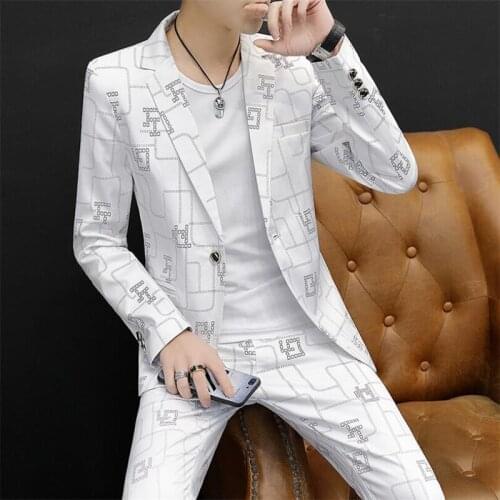 Youth Mens Suit Pants 2 Pieces Set 2021 Spring Korean Slim Fit One Button Blazer Fashion Formal Geometric Business Casual Suit