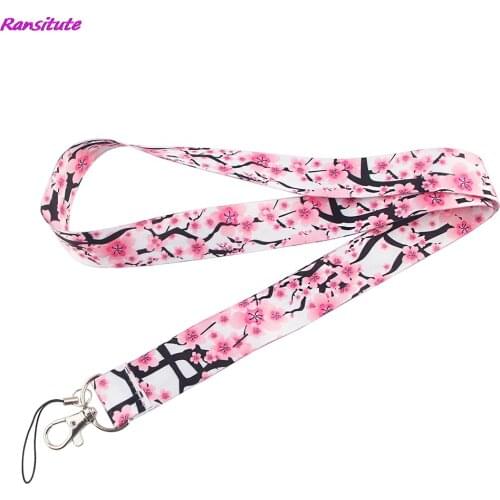 Ransitute R1446 Beautiful Pink Cherry Blossom Painting Art Key Chain Lanyard Neck Strap For Phone Keys ID Card Creative Lanyards