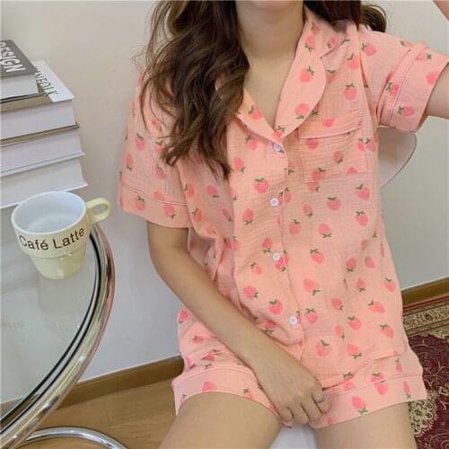 Summer New Home Suit 4 Color Sweet Strawberry Shorts Pijamas Set Women Sleepwear Short Sleeve Blouse Pyjamas Cotton Homewear