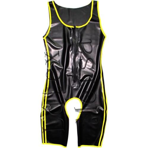 Novelty Fetish latex bodysuit attached front zip and decorative with yellow stripes and open crotch for men