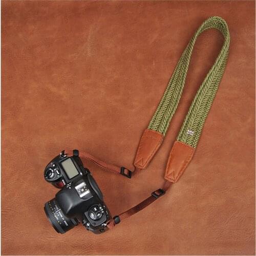 Handmade Woven Olive Cotton Rope+First Layer Cowhide Twist DSLR Universal Camera Strap Shoulder Strap For Nikon Canon Fujifilm