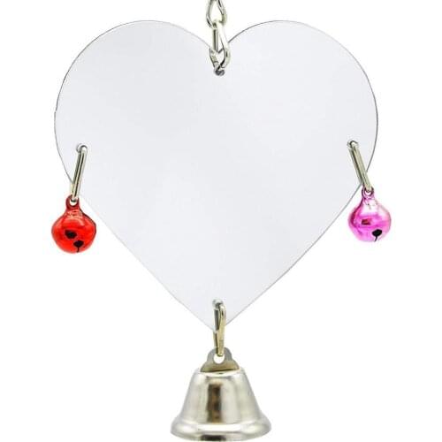Parrot Bird Mirror Heart Shape Hanging Bell Climb Pet Playing Cage Decor Love Heart Shape Entertainment Toy Pendant With Bell