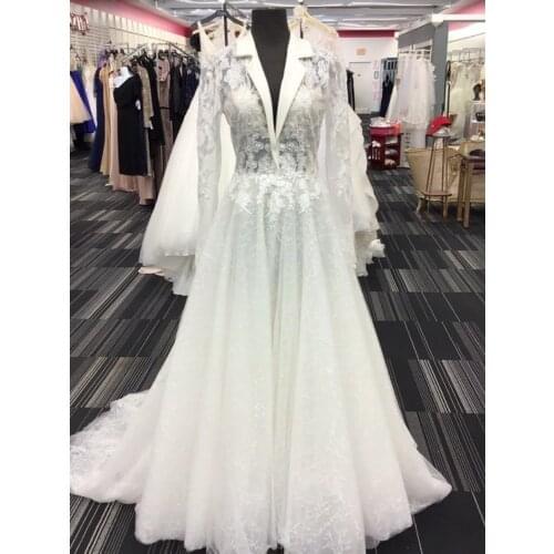 Wedding Dress Long Sleeve V Neck Illusion Top Plus Size Wedding Gowns 2021 with Train Button Back Vestido De Noiva