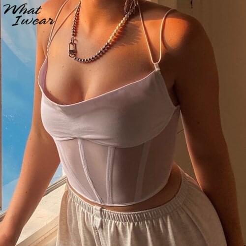 Sexy Mesh Halter Camisole Women New Party Club Crop Tops Basic See Through Tank Strapless Femme Streetwear Stretchy Outfit