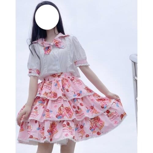Lolita 2-Piece Set Kawaii Dessert Print Dress Cute Three-Stage Skirt Summer 2021 Vintage Girly Pink Bow Top Everyday Lolita Suit
