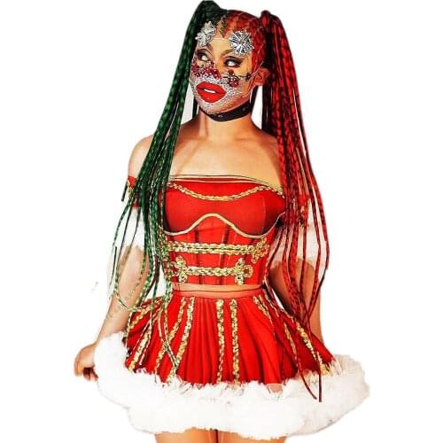 Red Shining Striped Sequins Above Knee Mini Personality Performance Costume Ladies Womens Party Clothing Stage Wear Lady