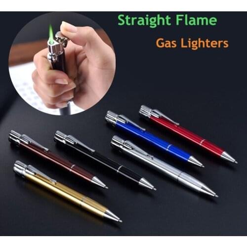 Ball Point Pen Shape Windproof Gas Lighters Adjustable Green Straight Flame Gas Jet Torch Cigar Lighter Gadgets
