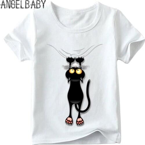 Kids Pocket Black Cat Print Funny T shirt Children Summer Short Sleeve Tops Boys and Girls Casual T-shirt,ooo2018