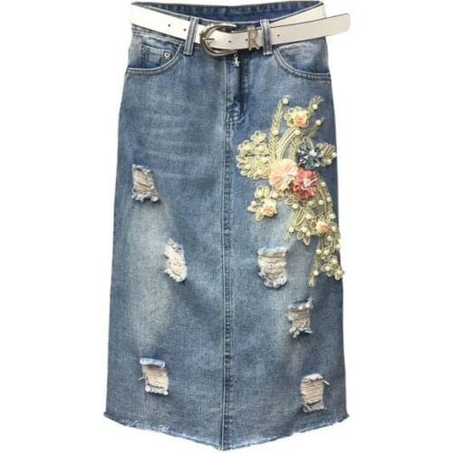 Women clothing denim fabric destroy washed flower skirts split skirts high waist slim hole women skirts cowboy solid color 5xl