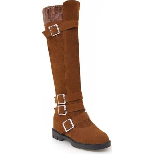 PQECFS Big size 34-44 high quality 2019 spring & autumn women mixed colors buckle knee-high boots 4 colors