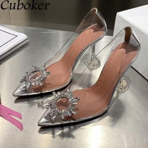 Brand Runway Cup Heel Women Sandals Pointed Toe Sexy Ladies Mules Sunflower Pvc Transparent Summer Party Dress Woman Mujer