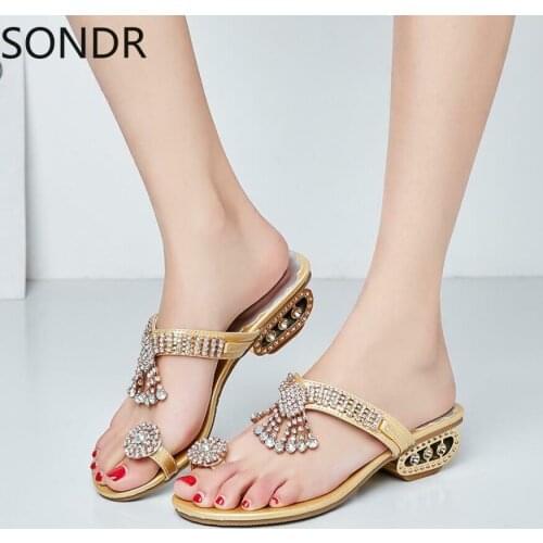 US4-11 Womens Rhinestones Beads Low Chunky Heel Toe Ring Diamante Mules Sandals Shoes Summer New Gold Sliver Plus Size C385