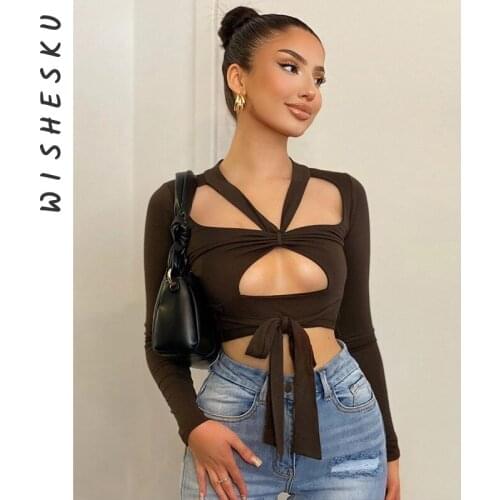 Hollow Out Sexy Ladies Crop Top 2021 Autumn Bandage Long Sleeve V Neck Tee Tops Fashion Solid Skinny Irregular Y2K T Shirt