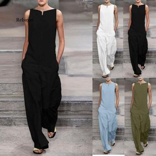 Bodysuit Women fashion Sleeveless loose long Jumpsuit Ladies Romper holiday Solid Pockets Wide Leg Playsuit