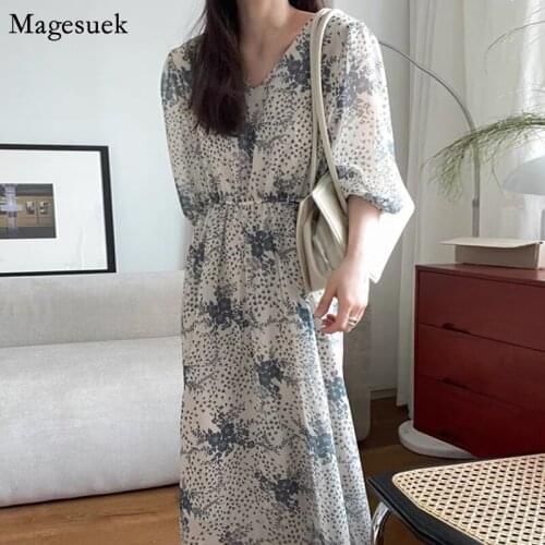 Korean Chic Summer Print Floral Chiffon Dress Women V-Neck Short Sleeve Dress Elegant High Waist Loose Long Dresses Robes 14535