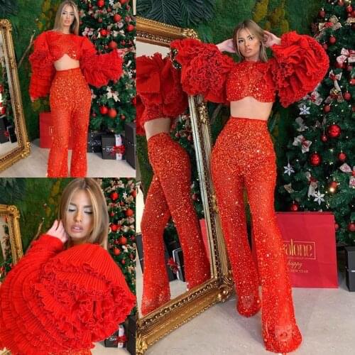 Red Jumpsuits 2021 Prom Dress Luxury Beading Glitter Sequins Robe De Soiree Two Pieces Long Sleeve Evening Gowns