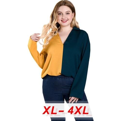 2020 Autumn Tops for Women Patchwork Long Sleeves V Neck Turn Collar Large Blouses Office Commuting Plus Size Workwear Long