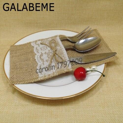 24pcs 21x11CM Hessian Rustic Wedding Burlap and Lace Cutlery Silverware Holder Pocket vintage wedding decoration