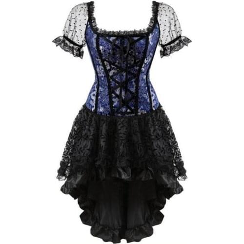 Burlesque Corsets and Irregular Skirt Set Gothic Floral Lace Up Bustier Corset Dresses Cosplay Costume Plus Size Black Blue