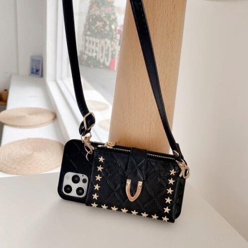 Luxury Rivet Leather Crossbody Phone Case for iPhone 11 12 PRO MAX X XS XR SE2020 8 7 Plus Wallet Card Pocket Shoulder Bag Cover