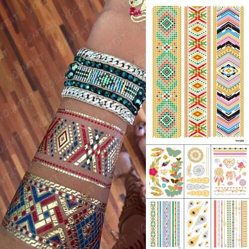Waterproof Temporary Tattoo Sticker Metallic Gold Silver Henna Bracelet Jewelry Flash Tatoo Indian Hand Painted Art Fake Tatto