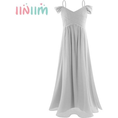Iiniim Elegant Dresses for Girls Off-shoulder Pleated Chiffon Flower Girl Dress Princess Summer Dresses Birthday Party Dress