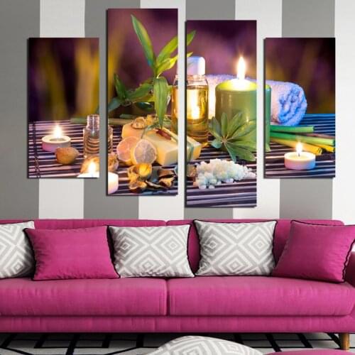 Green Leaf And Beauty Candlelight Painting 4 Panels Modern Painting On Canvas Wall Art Gift Top Home Decoration Unframed