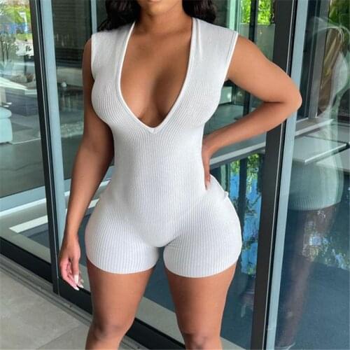 Casual Rib Knitted Striped Solid Sporty Workout Playsuit Women Sleeveless Deep V-neck Romper Skinny Active Wear Fitness Playsuit