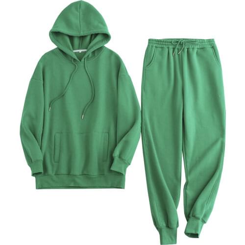 Tangada 2021 Autumn Winter Women Warm Green tracksuit thick fleece cotton suit 2 pieces sets hoodies sweatshirt pants suits 6L17