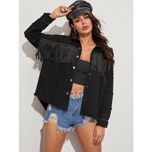 Autumn Fall Women Denim Jacket with Tassel Black Jeans Plaid Jackets Coat Casual Long Sleeve Streetwear Spring Jacket 2020