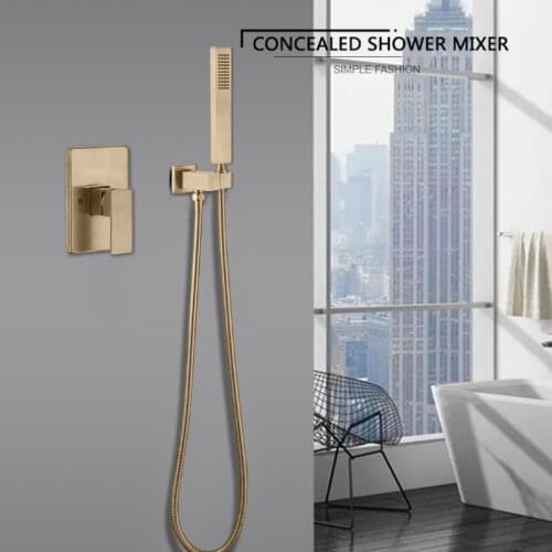 Brass Wall Mounted Bathroom Shower Faucet Set Square Shower Head Mixer Taps Hand Shower Head Brush Gold in Wall Bathroom Faucets