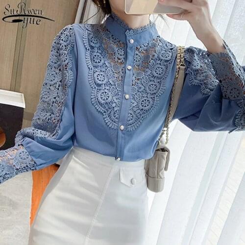 New Crochet Hollow Lace Stitching 2021 Korean Style Blouse Women Sexy Puff Sleeve Stand-up Collar Bottoming Thin Shirt 12731