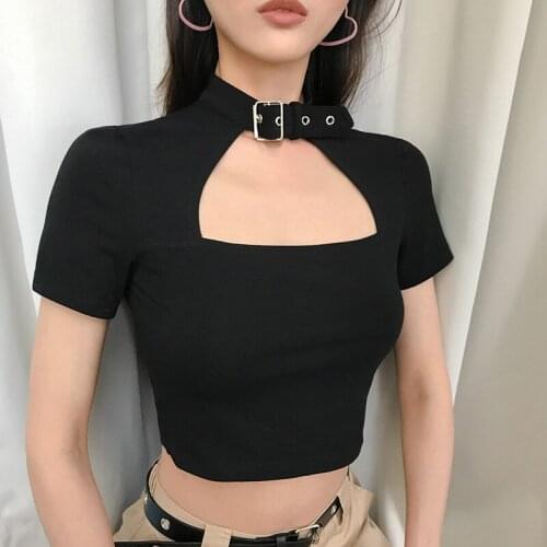 European and American summer new sexy casual womens wear black hollowed-out high-collar short-sleeved tight T shirt