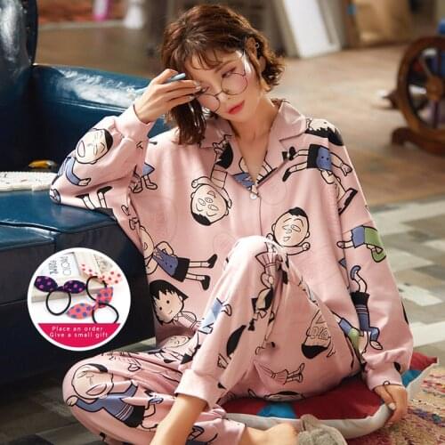 Winter Cardigan Sleepwear Women Cute Pink Chibi Maruko Pajamas Set Cotton Long Sleeve Home Clothes Loose Large Size Women Pijama