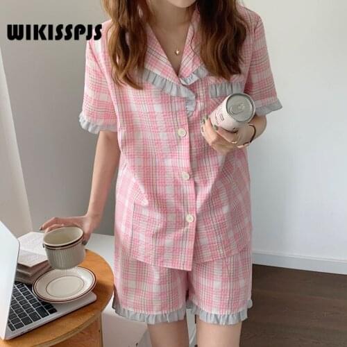 WIKISSPJS 2021 Plaid Pajamas Womens Summer New Korean Small Fresh Lovely Leisure Suit Home Clothes Sleepwear Lounge Wear