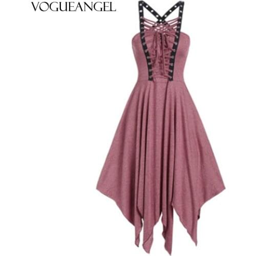 Black Dress Womens Gothic Punk Sleeveless Strap Sling Irregular Pink Dress Sexy Lace Up Gothic Strap Dress Party Club Dress 2XL