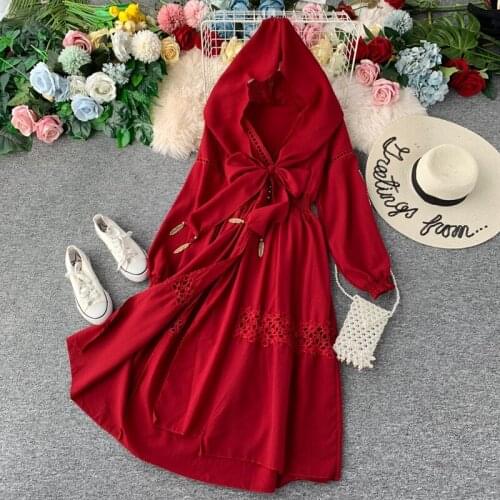 National Style Holiday Dress Autumn Clothing Beach Skirt Bohemian Skirt Retro Hooded Hollow V-neck Slim Knee-length Red Dress