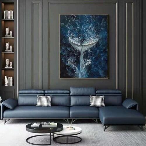 Hand-painted large size oil painting whale tail decorative painting living room sofa background wall vertical hanging painting