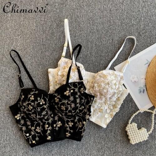 Court Retro High-End Embroidered Top Fashion Petals Printed Camisole Womens 2021 Summer Elegant Inner Bottoming All-Match Bra