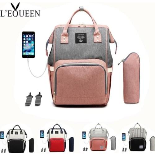USB LEQUEEN Diaper Bag+Milk Bottle (heat preservation)+stroller hooks+USB cable Mummy Backpack Baby Care Bag Travel Backpack