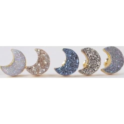 Two Size Fashion Gold Crescent Druzy Stud Earrings Natural Agates Titanium Druzy Moon Earrings Women White Drusy Stud Jewelry