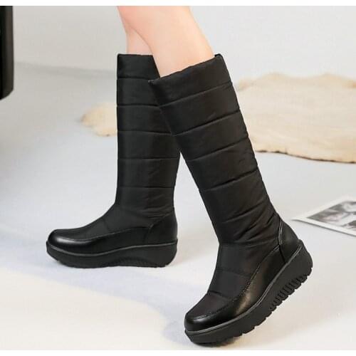 Black Red Women Warm Winter Snow Boots Fashion Slip On Knee High Boots Lady Platform Shoes Down Fabric Round Toe Long Boots